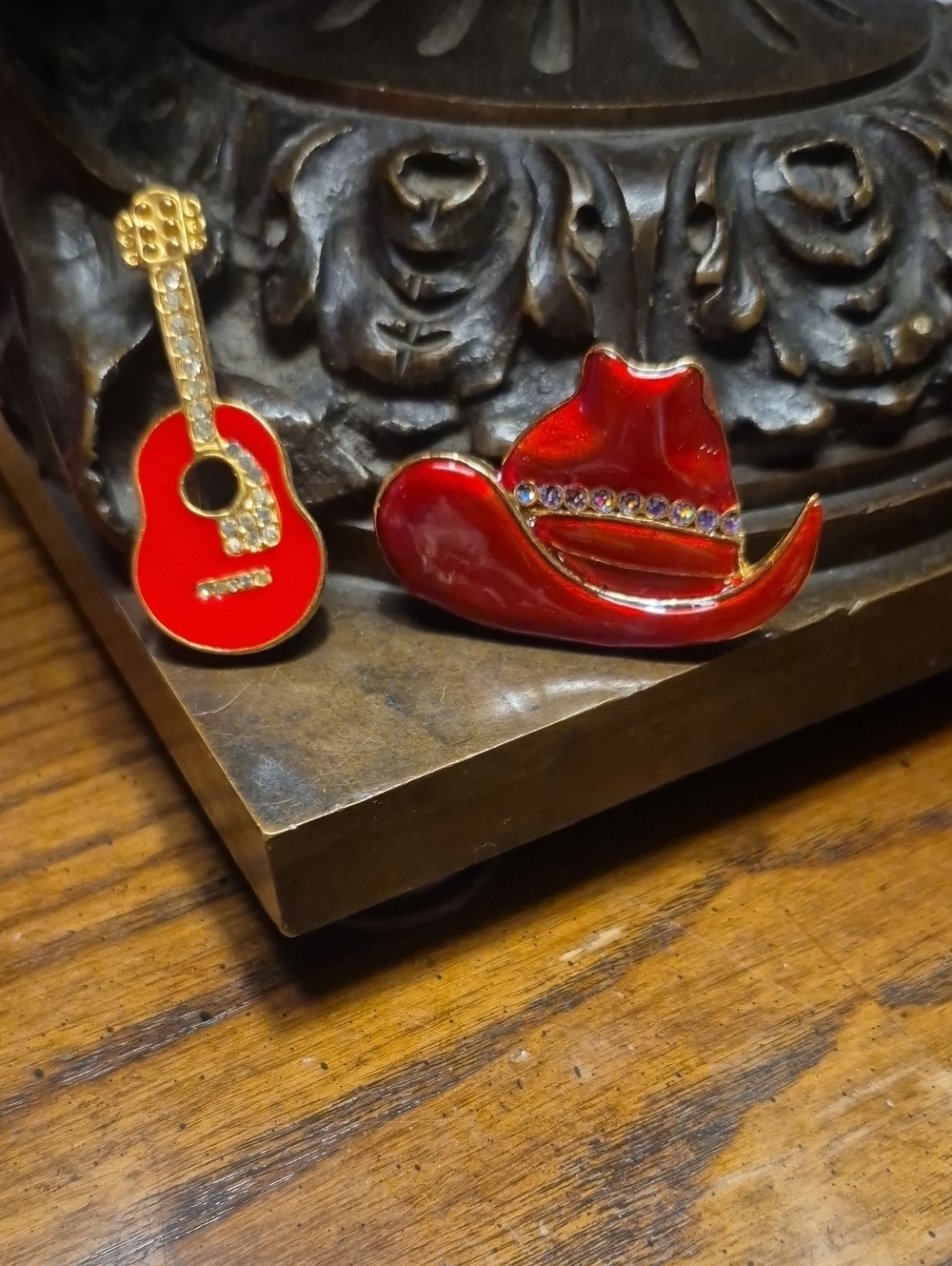 Vintage Red Guitar and Cowboy Hat Enamel Brooch Western  Bundle